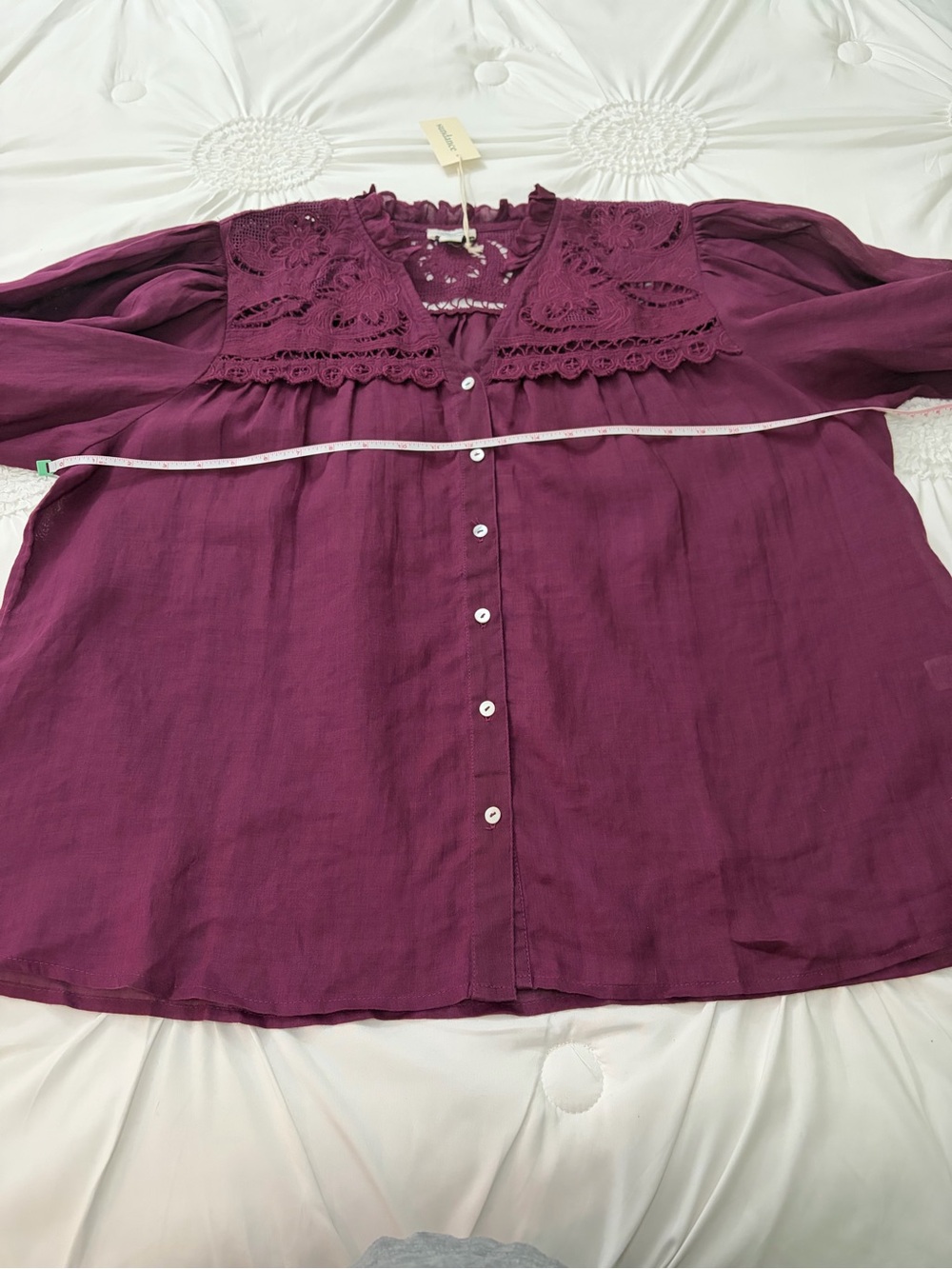 NWT Sundance Plum Embroidered Lace Puff Sleeve Ramie Button Down Bohemian Top XL - Picture 11 of 16